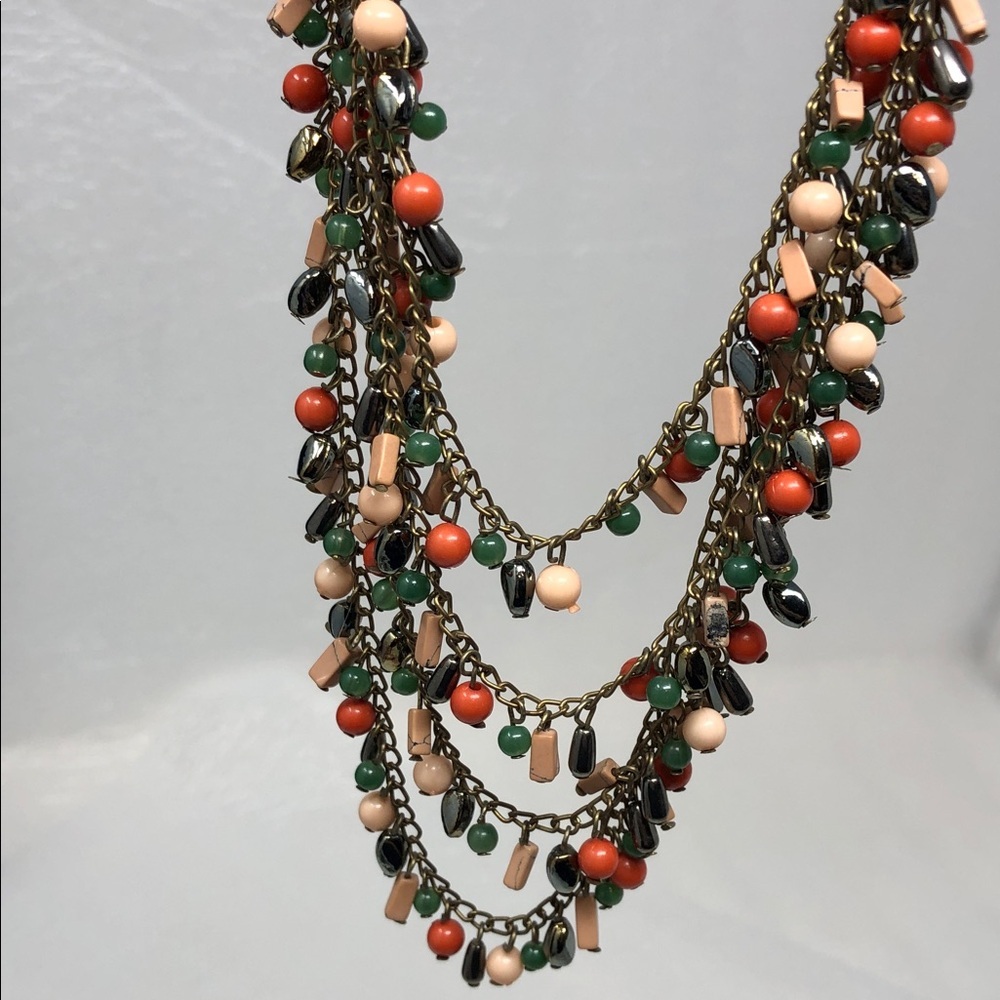 Bohemian Four Strand Coral and Peach Beaded Necklace Lobster Claw Clasp - Picture 8 of 8